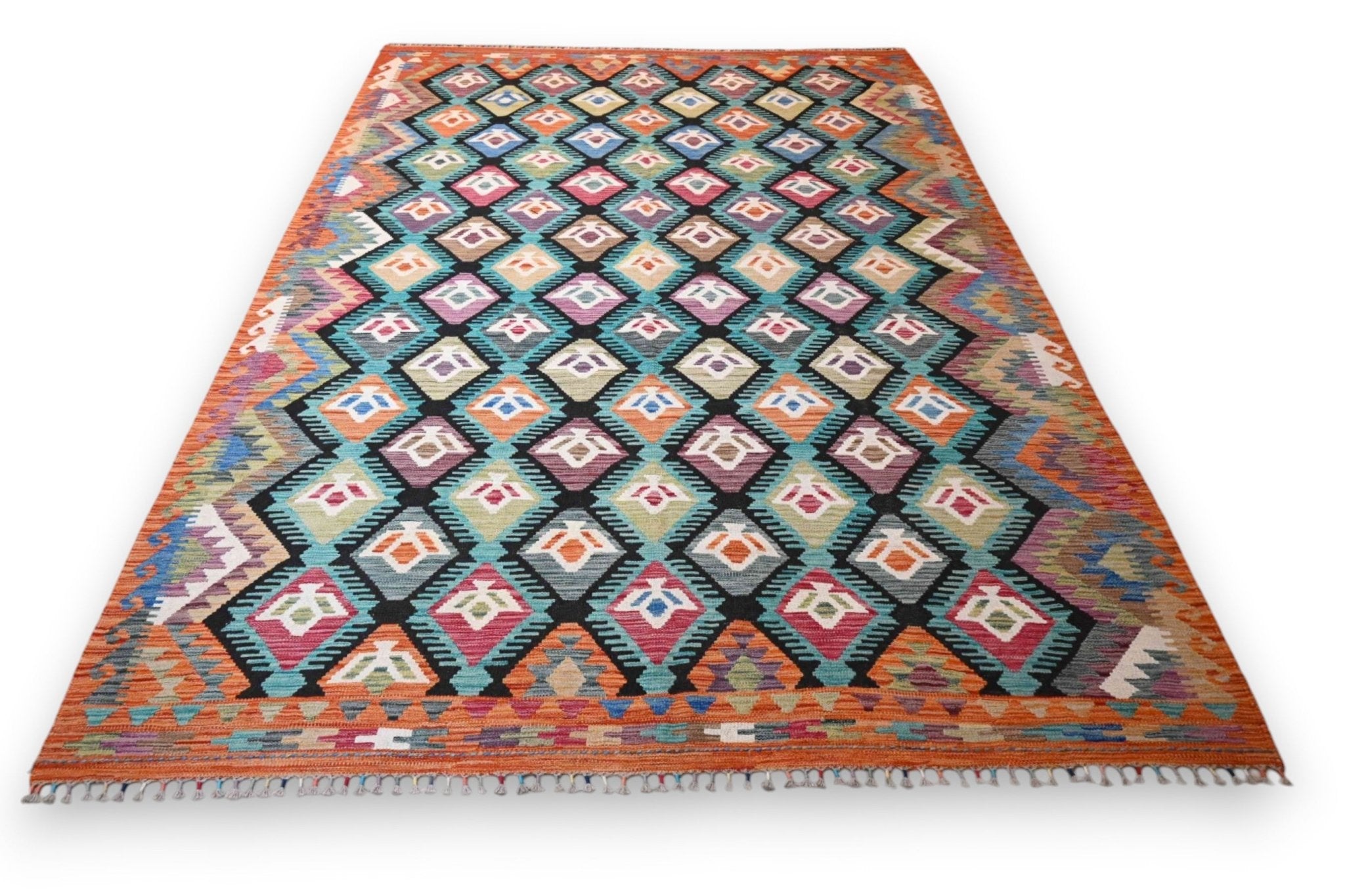 Kleurrijke Afghan kelim zwart pastel veld handgeweven Afghanistan - Lavinta G497