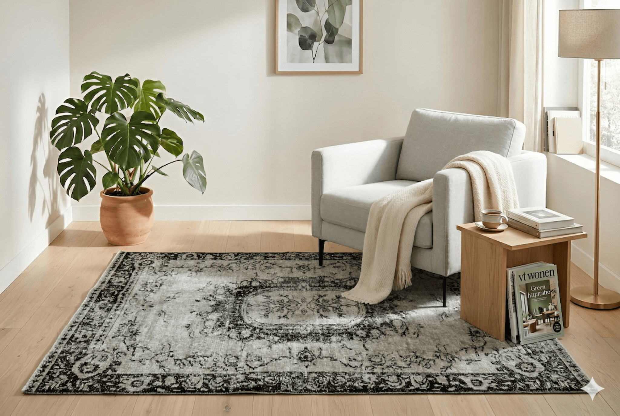 Dramatisch zwart vintage vloerkleed hoek - G431
